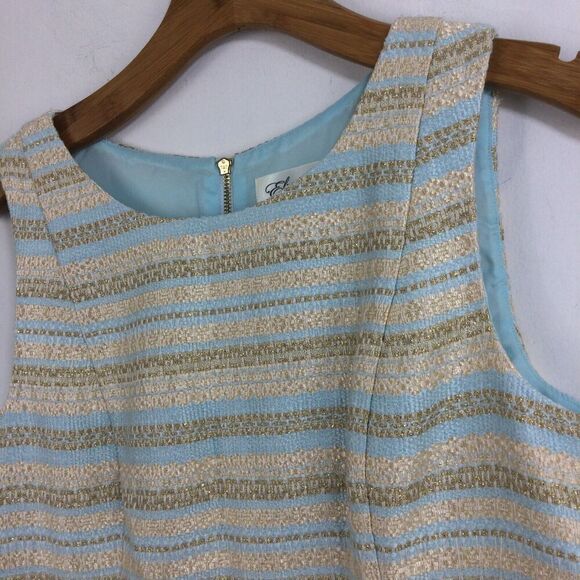 Eliza J Striped Tweed Dress Cream Blue Gold Metallic Shimmer Size 14 - Picture 8 of 10